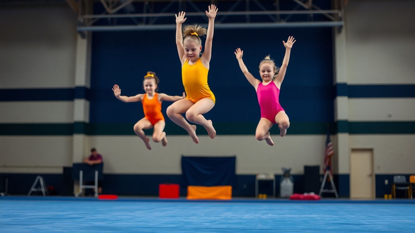 Gymnasts performing energetic leaps and tumbles in a gym.