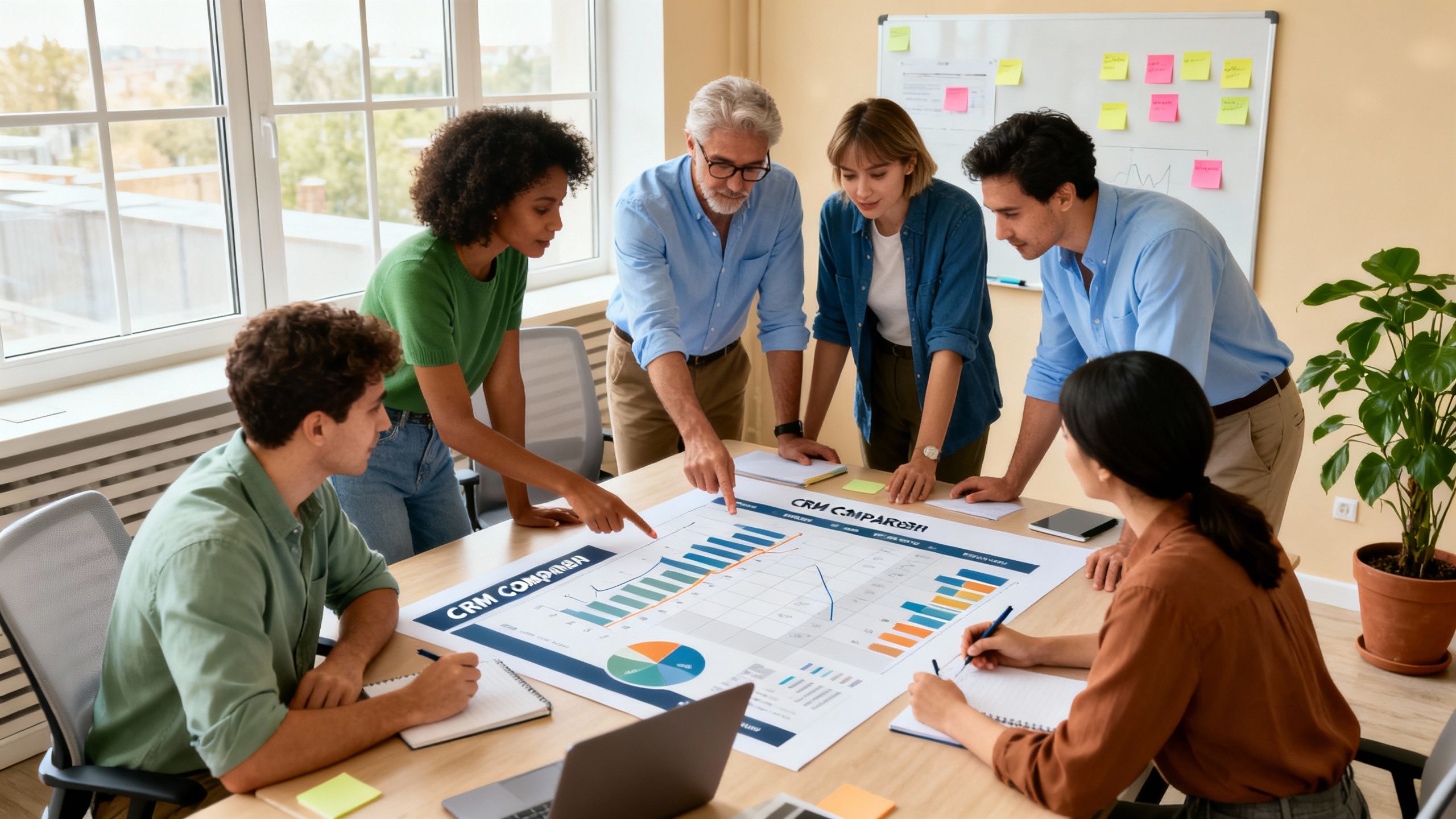 A diverse team analyzing CRM comparison charts in a collaborative office setting