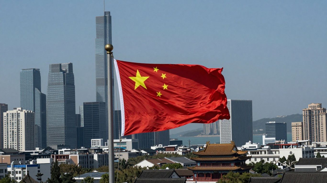 Chinese flag over a city blending modern and traditional architecture.