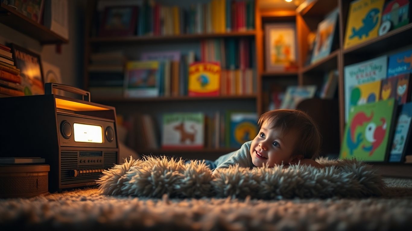 Copil ascultând povești audio într-o cameră confortabilă.