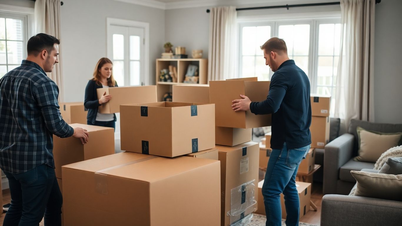 Moving crew packing boxes in a home