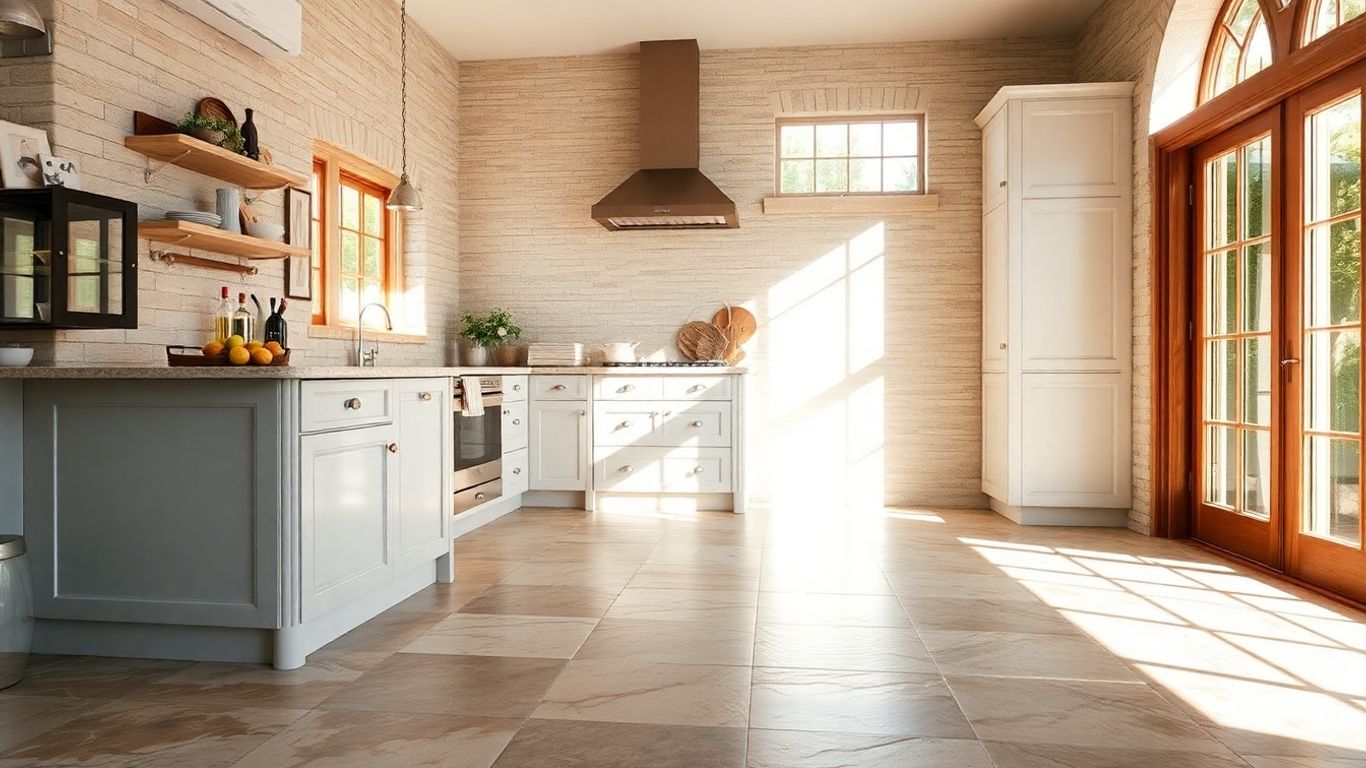 Elegant natural stone flooring in a sunlit kitchen.