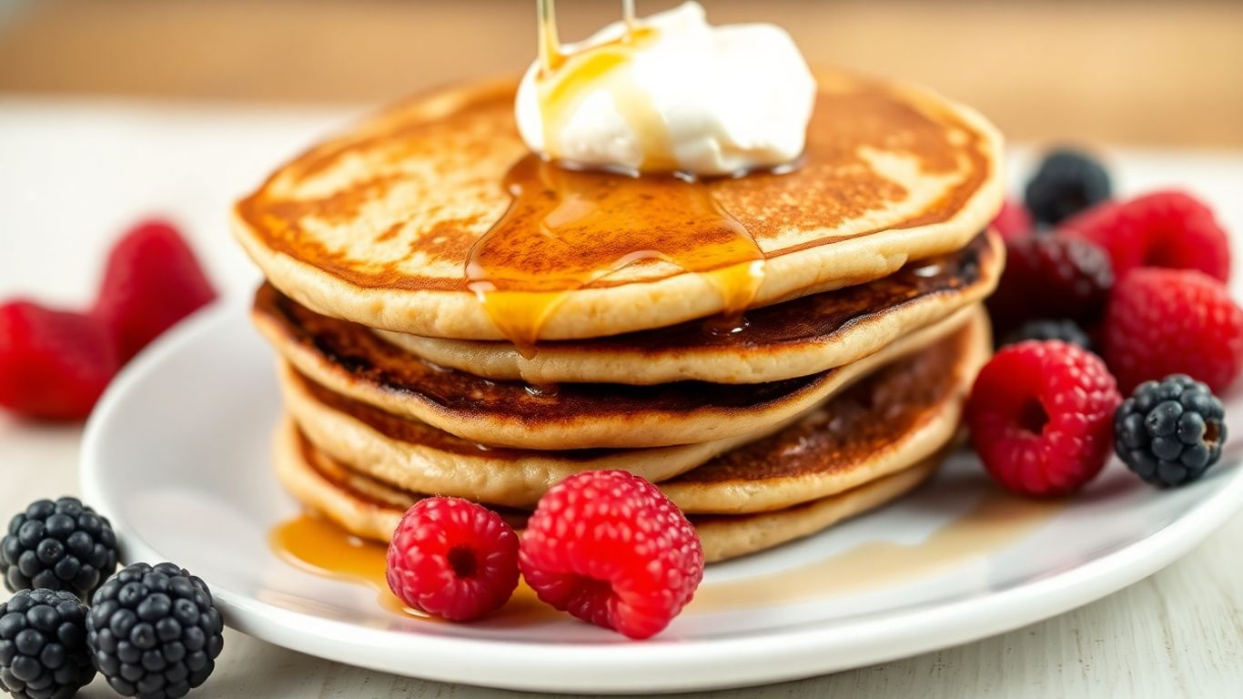 Fluffy protein pancakes with Greek yogurt and berries.