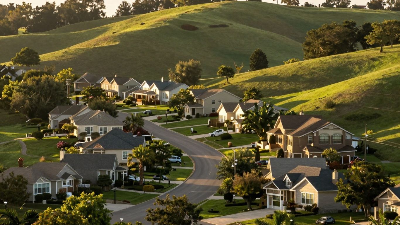 Scenic suburban landscape with homes and a winding road.