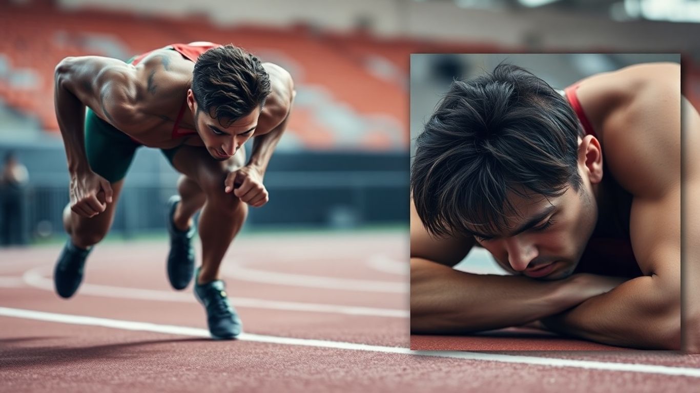 Sportiv epuizat și sportiv în acțiune.