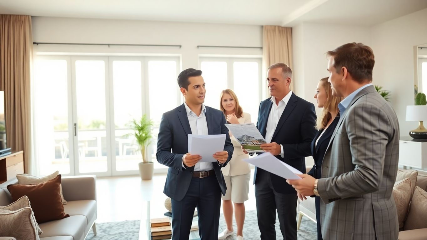 Agente inmobiliario negociando honorarios con clientes en casa