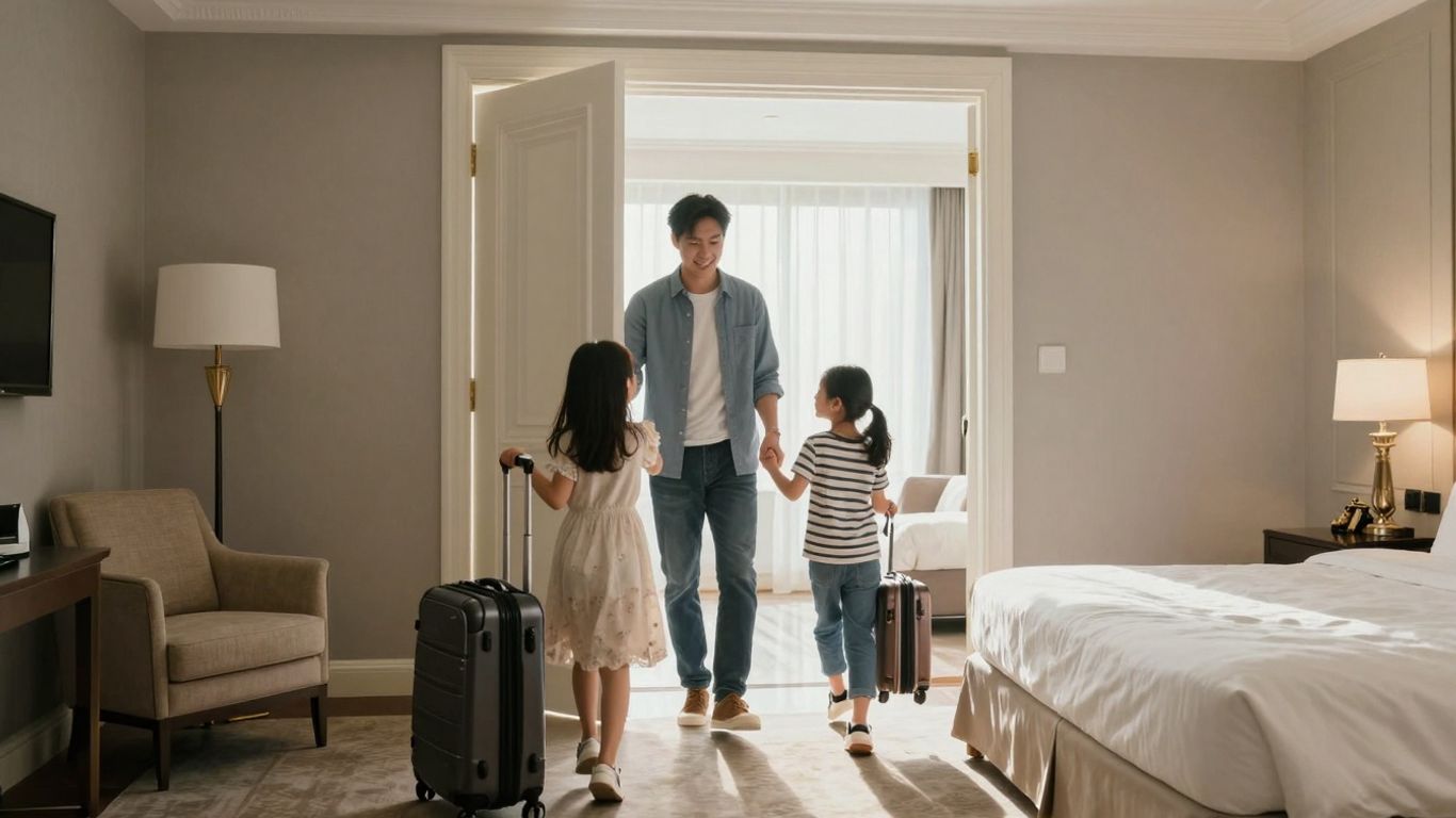 Family entering connecting hotel rooms at Harbour Grand Hong Kong.
