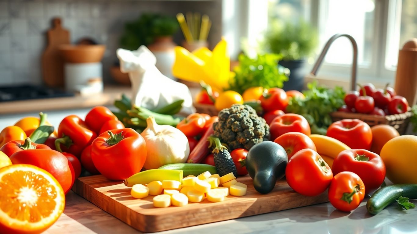 Fresh fruits and vegetables on a kitchen counter.