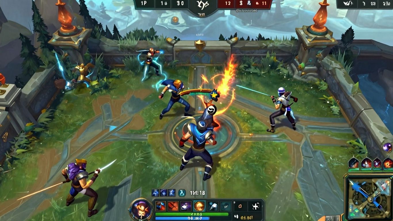 League of Legends champions in action on a vibrant battlefield.