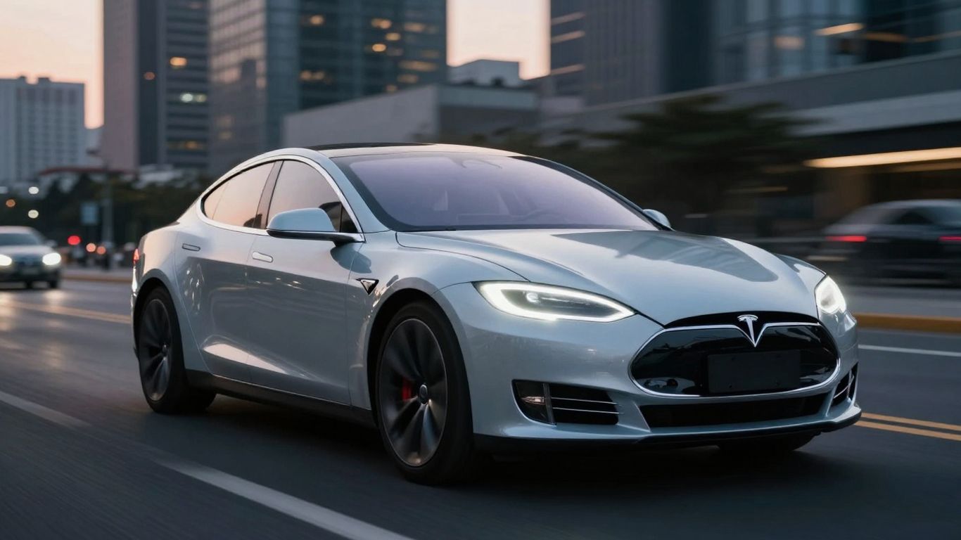 Tesla driving autonomously in a futuristic city.