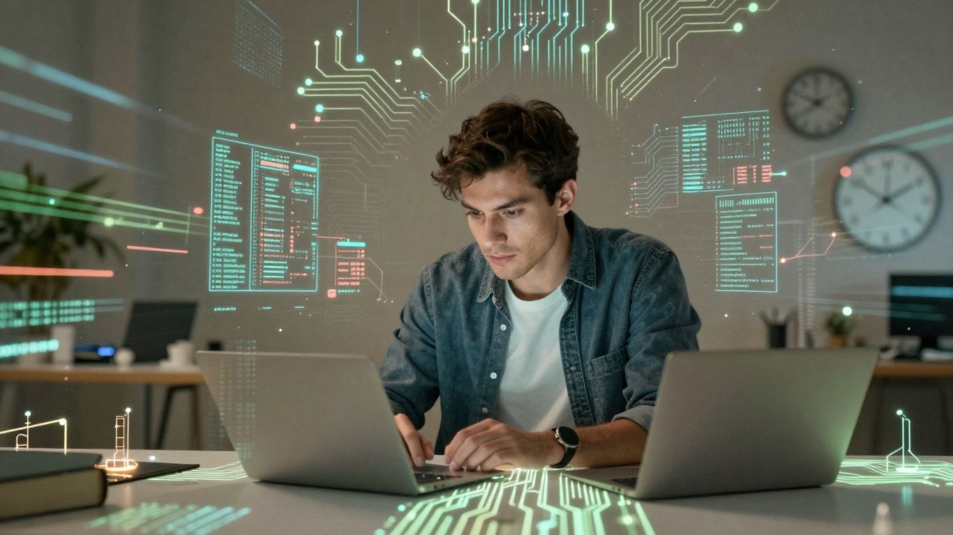 Person learning AI with futuristic digital elements and a clock.