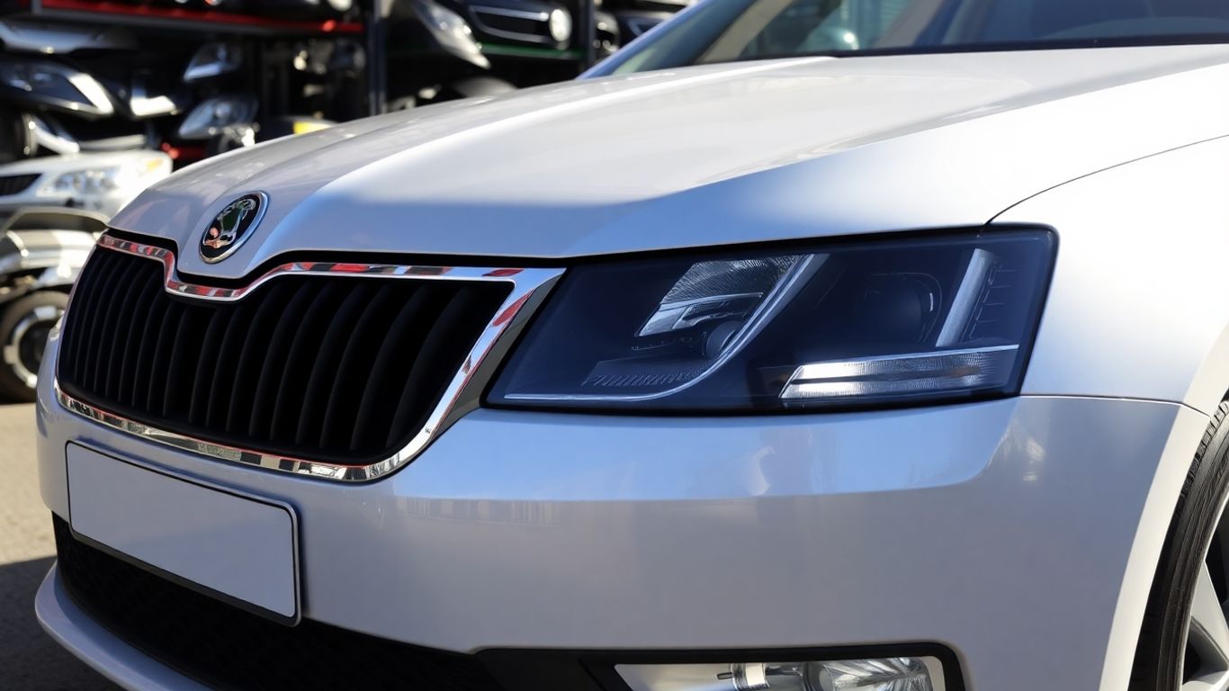 Skoda car with spare parts in background.