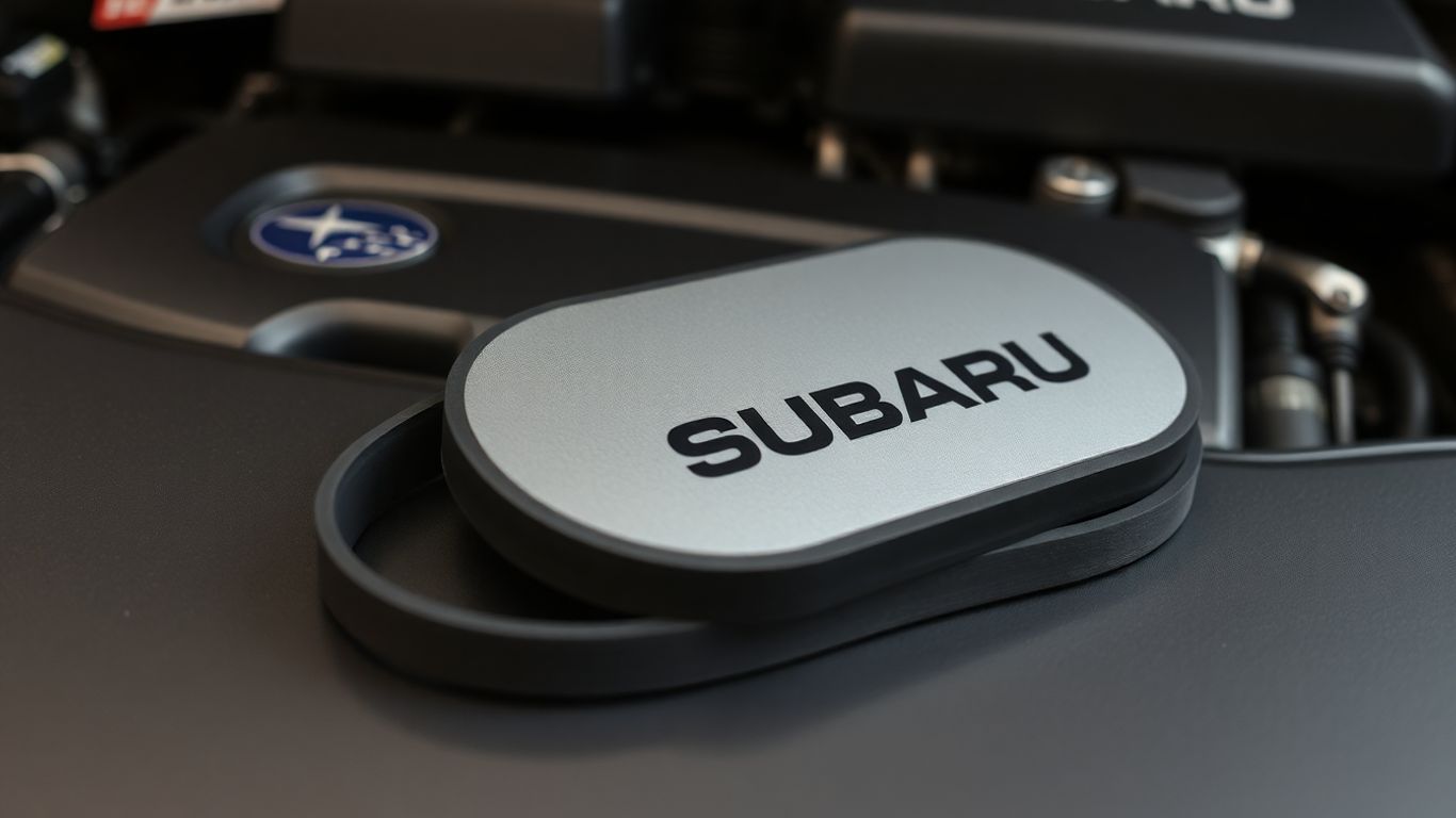 Genuine Subaru part next to a car engine.
