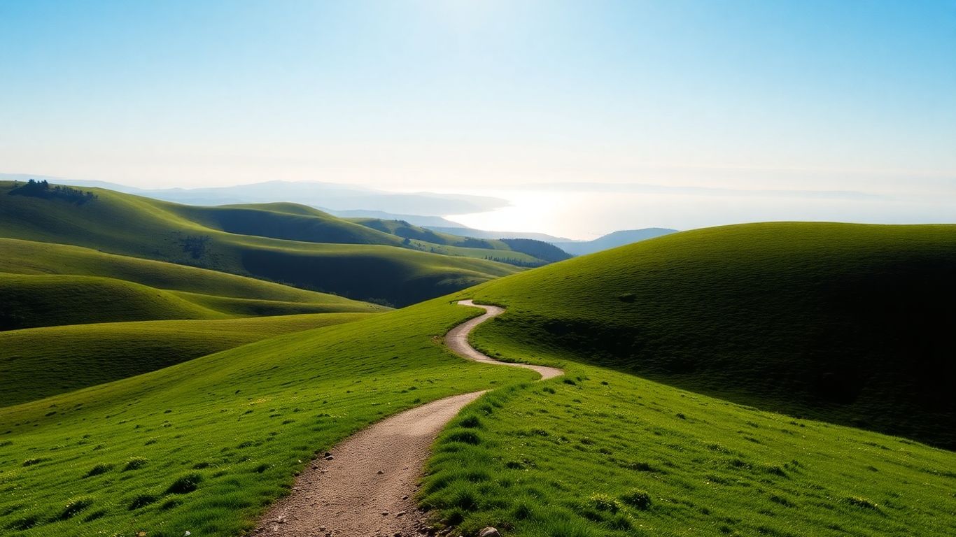 Peaceful Victorian landscape with rolling hills and a path.