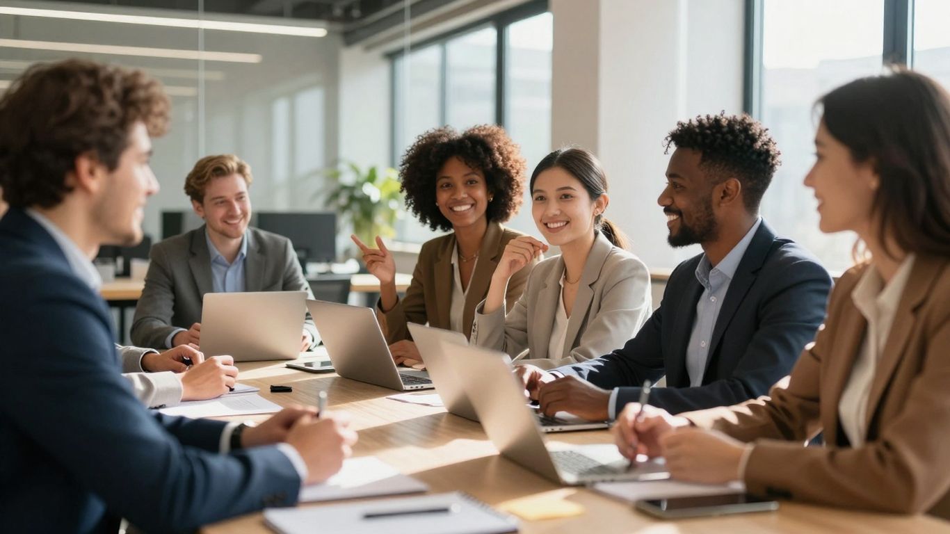 Teamwork and collaboration in a modern office setting.
