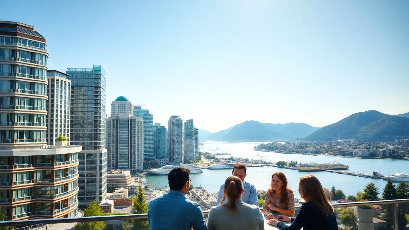 Vancouver skyline and business professionals collaborating.