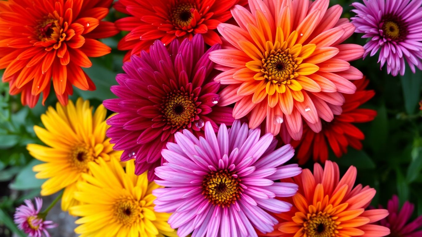 Bunte Herbstblumen in voller Blüte an kühlen Tagen.