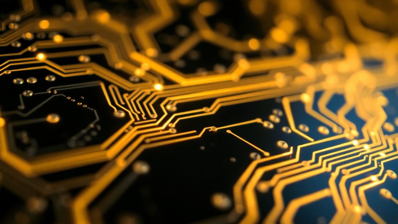 Abstract glowing circuit board with light trails.