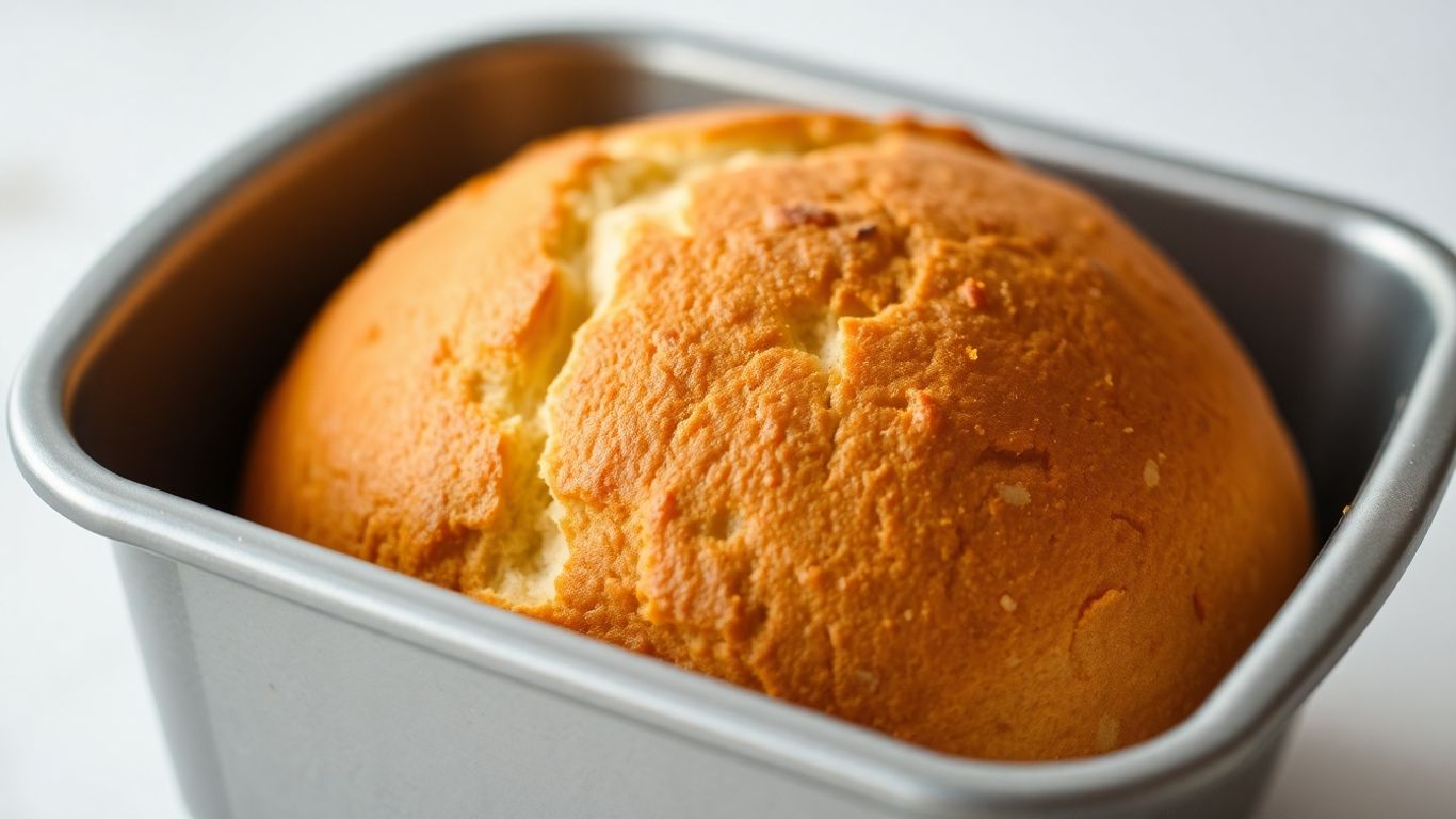 Golden brown gluten-free bread loaf in a baking pan.