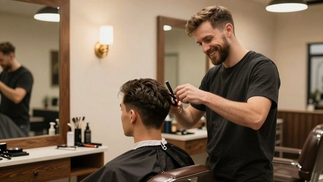 Barber giving a client a haircut in a comfortable shop.