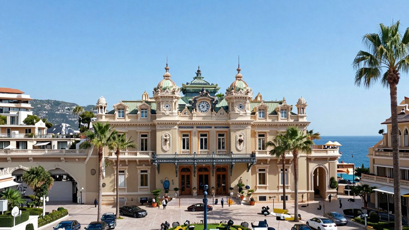 Monaco's Casino Square with luxury cars and Mediterranean sea.