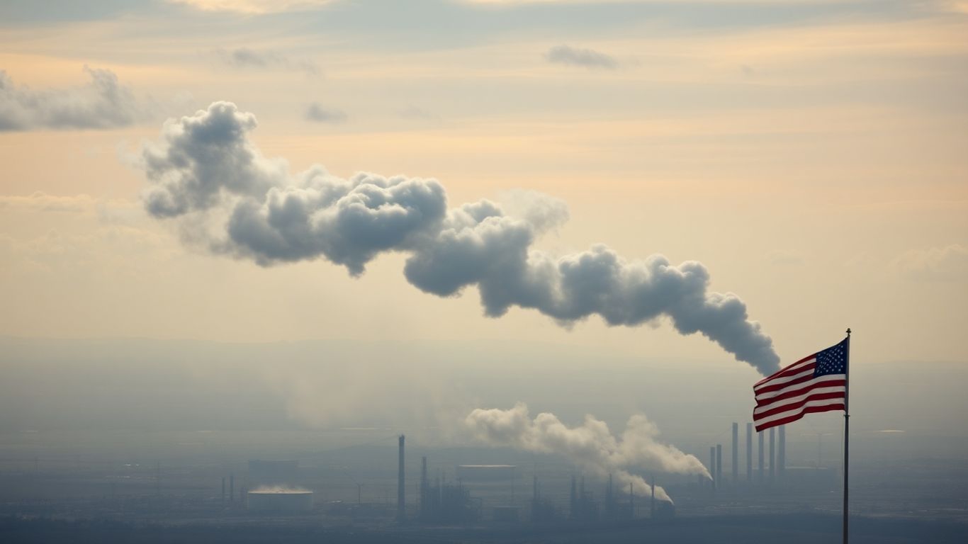 Smoke rising from oil refineries with American flag in distance.