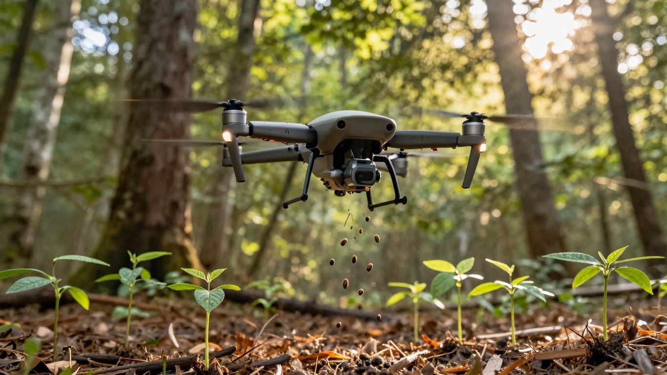 Drone plantând copaci într-o pădure.