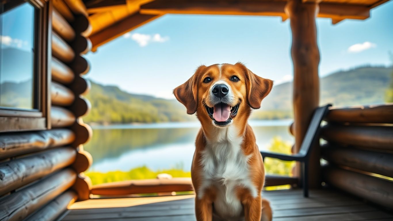 Dog on cabin porch overlooking a lake.