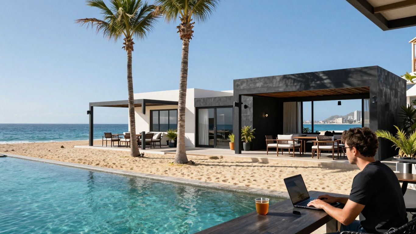 Digital nomad working with ocean view in Cabo.