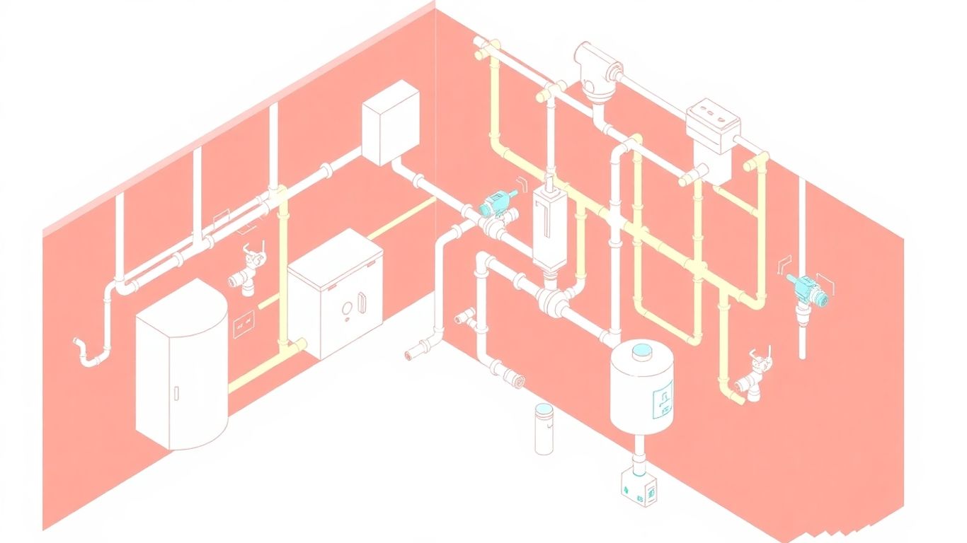 Isometric illustration of complex home plumbing system.