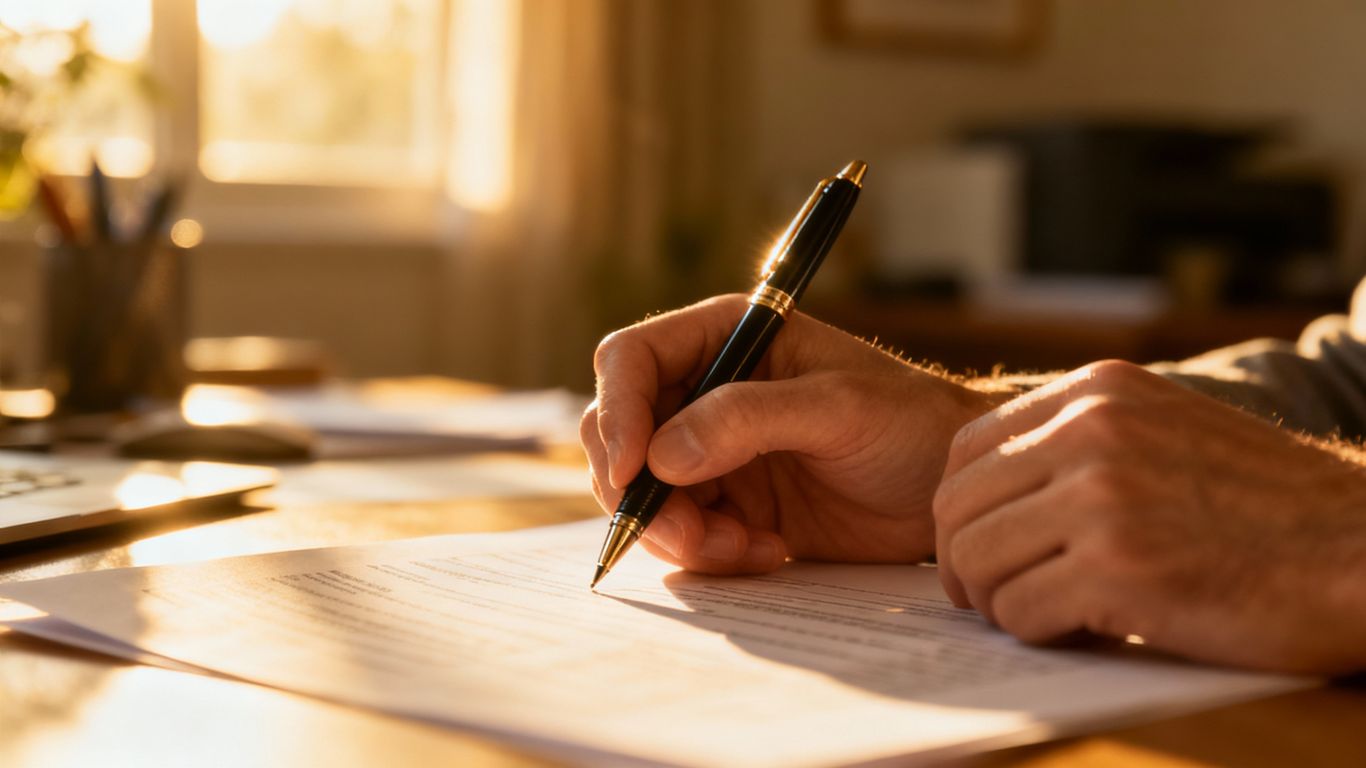 Hands writing a will document online.