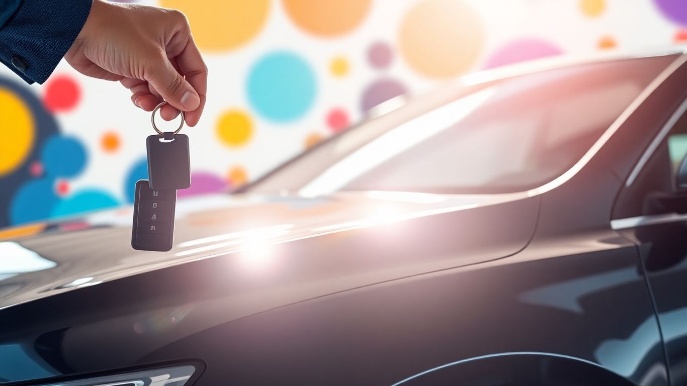 New car with hand holding key, financial opportunity