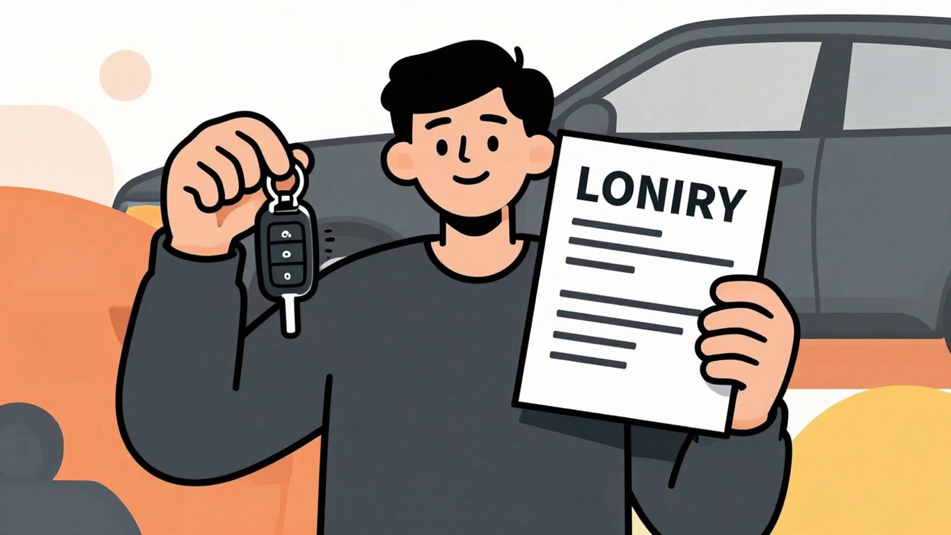 Cartoon person with car key and loan document.