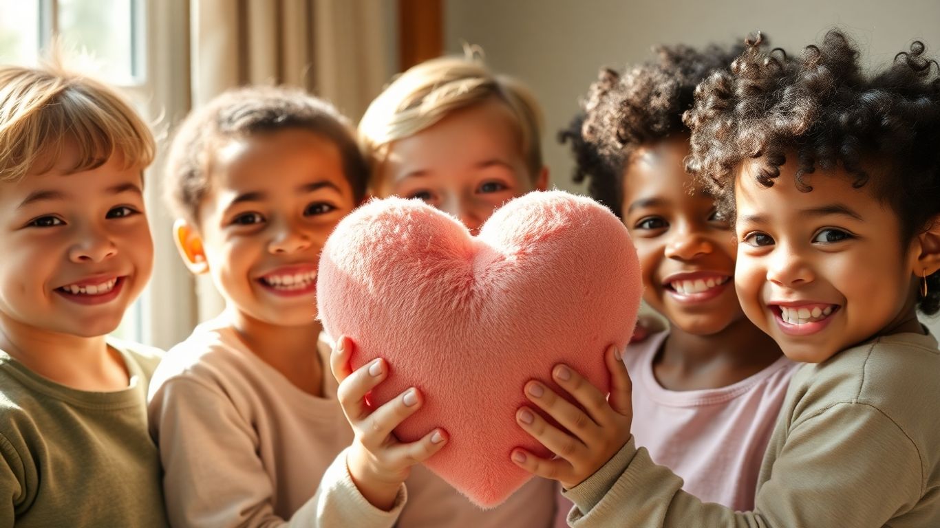 Children smiling, holding a plush heart.
