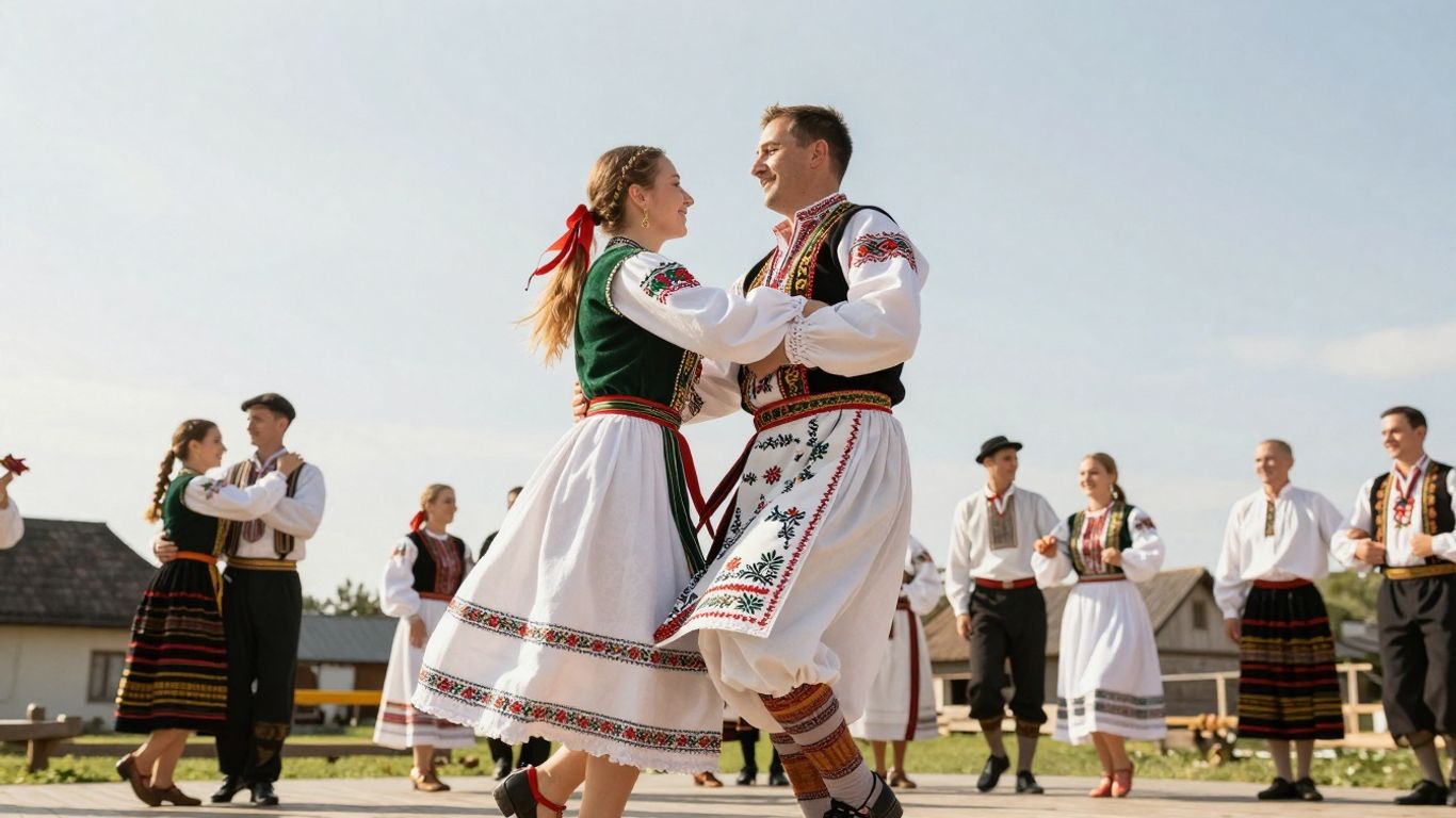 Oameni în costume tradiționale românești dansând.