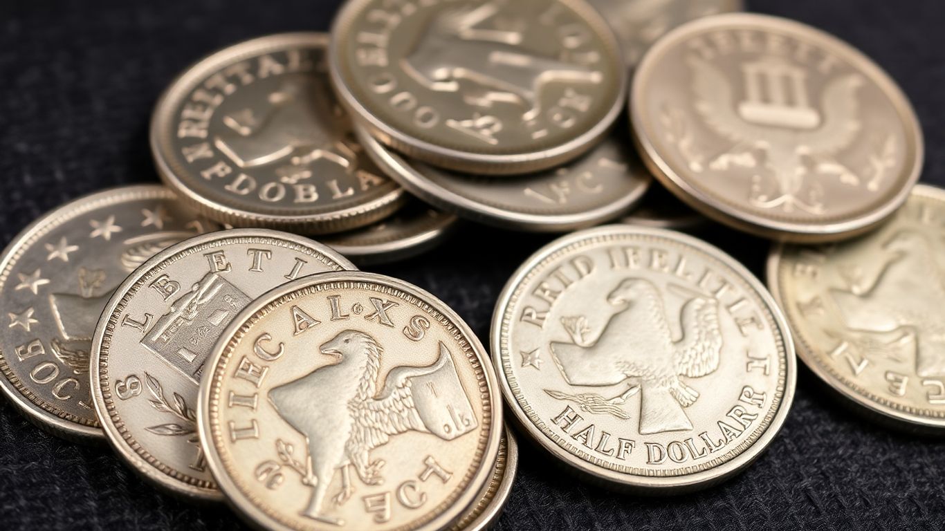 Collection of vintage silver half dollar coins.