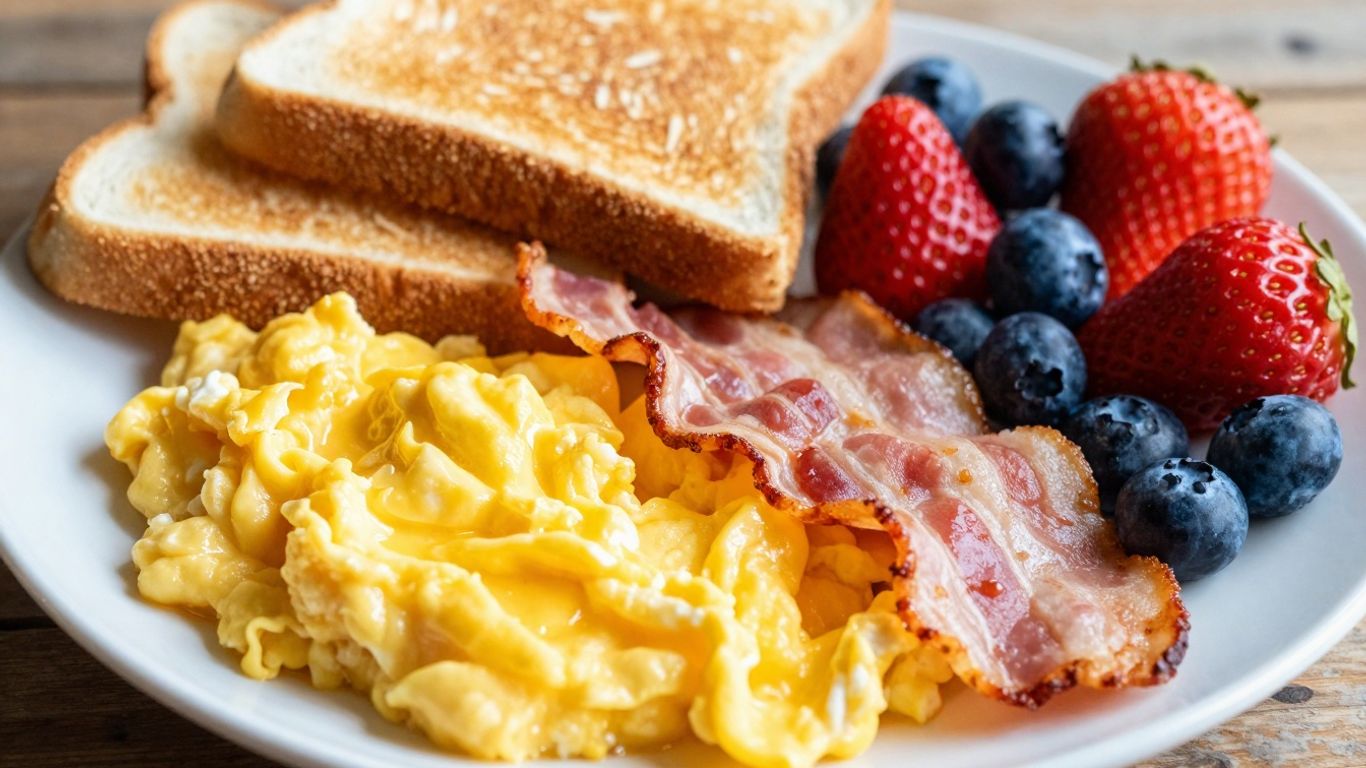 Plate of scrambled eggs, bacon, toast, and fruit.