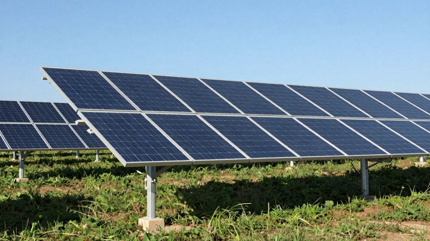 Panneaux solaires sous un ciel bleu éclatant.