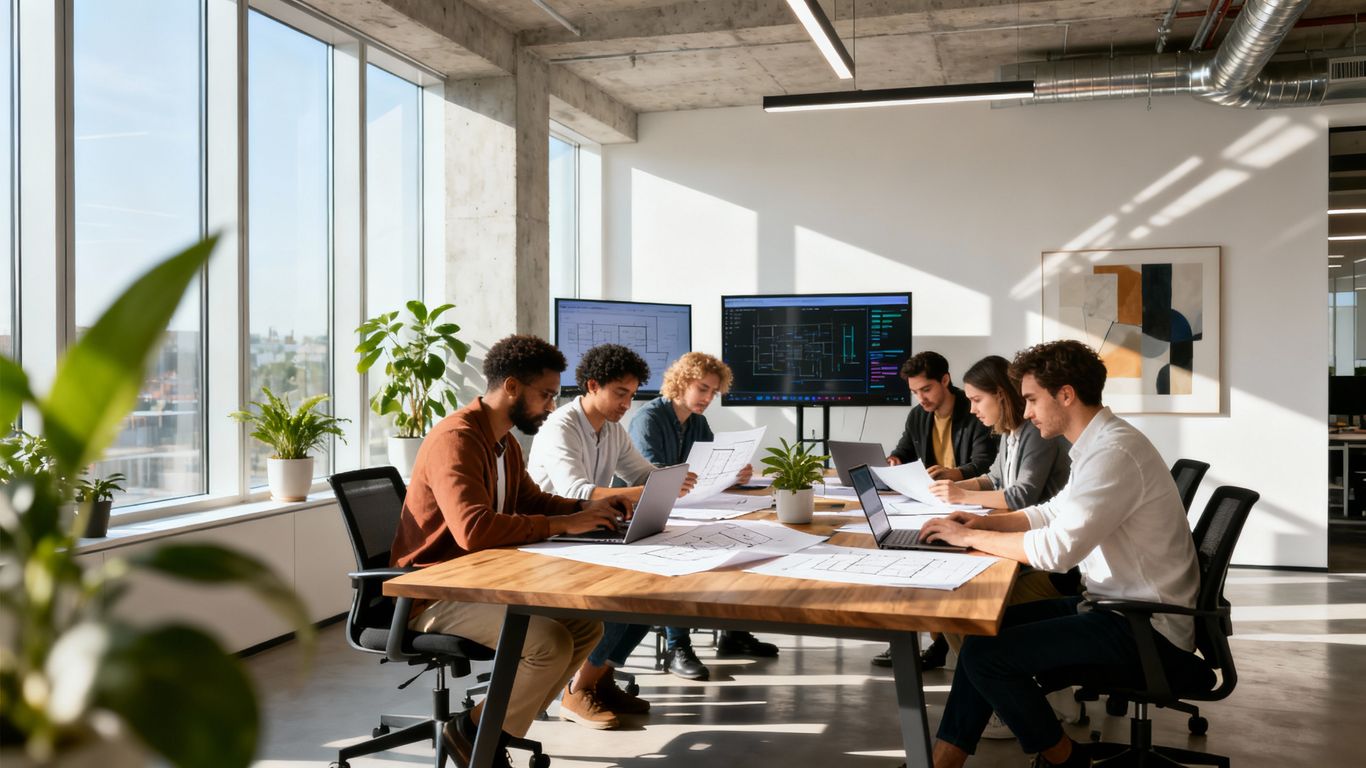 Business professionals collaborating in a modern office.