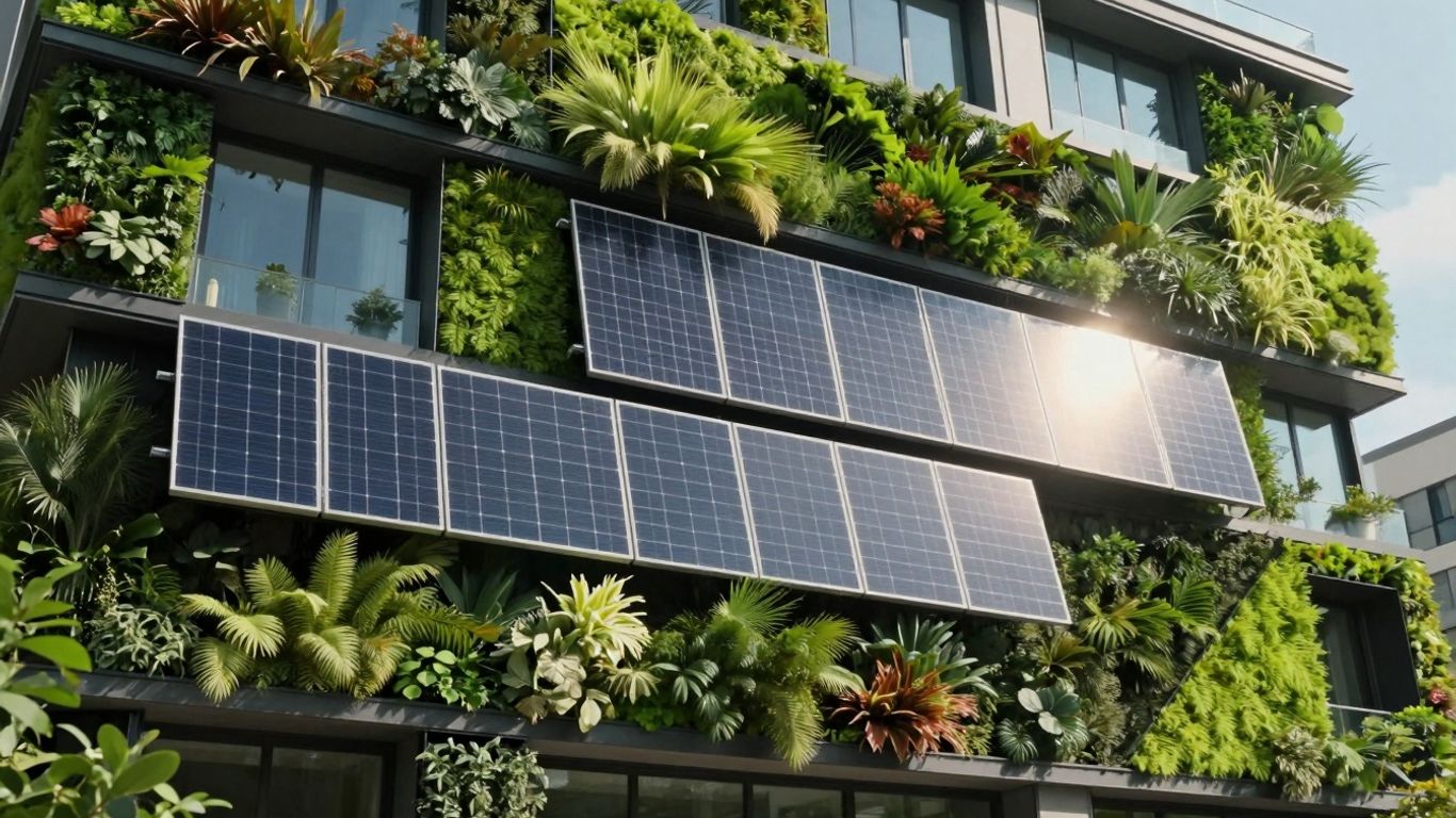 Clădire biosolară cu pereți verzi și panouri solare.