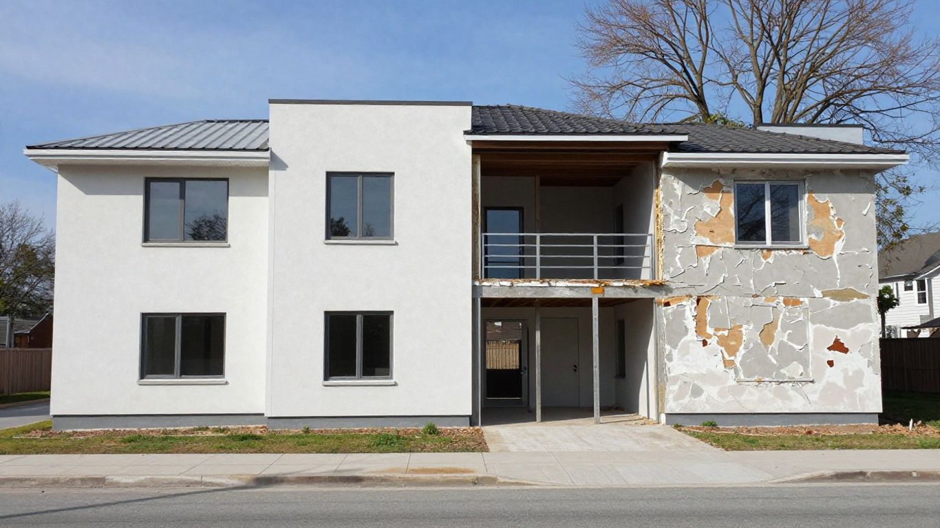 Condominium building exterior, half intact, half damaged.