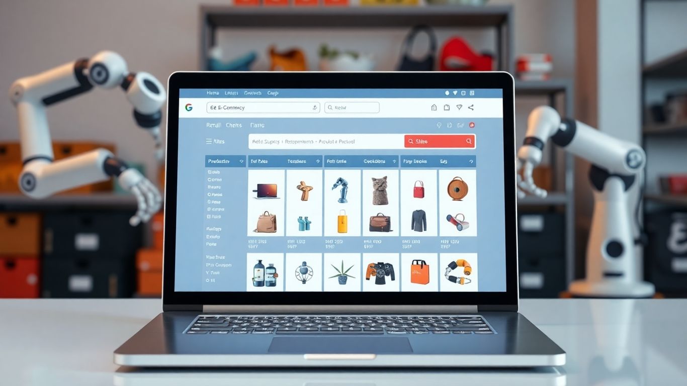 Automated e-commerce product listings on a laptop.