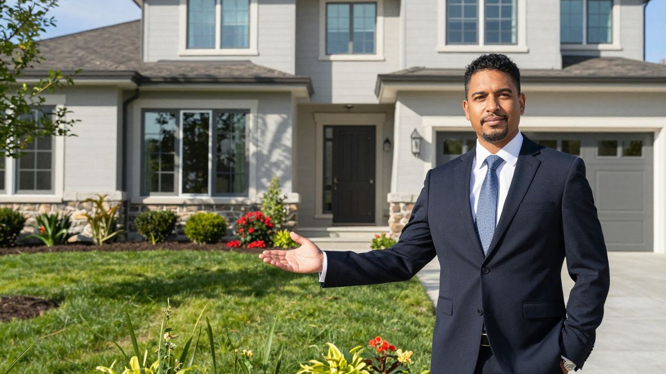 Real Broker LLC agent welcomes client to a modern home.