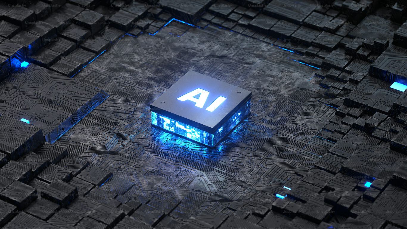 A glowing AI chip surrounded by intricate, dark circuitry patterns.