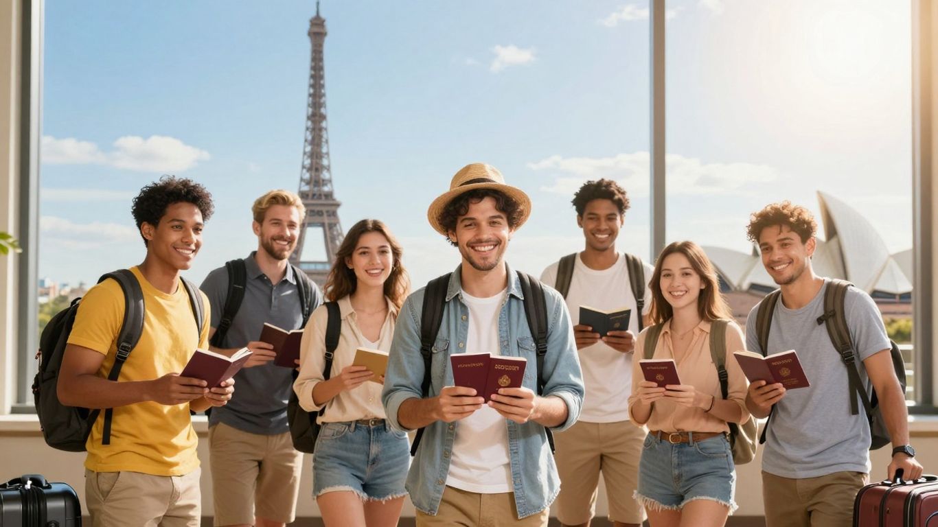 Travelers planning a trip with landmarks.