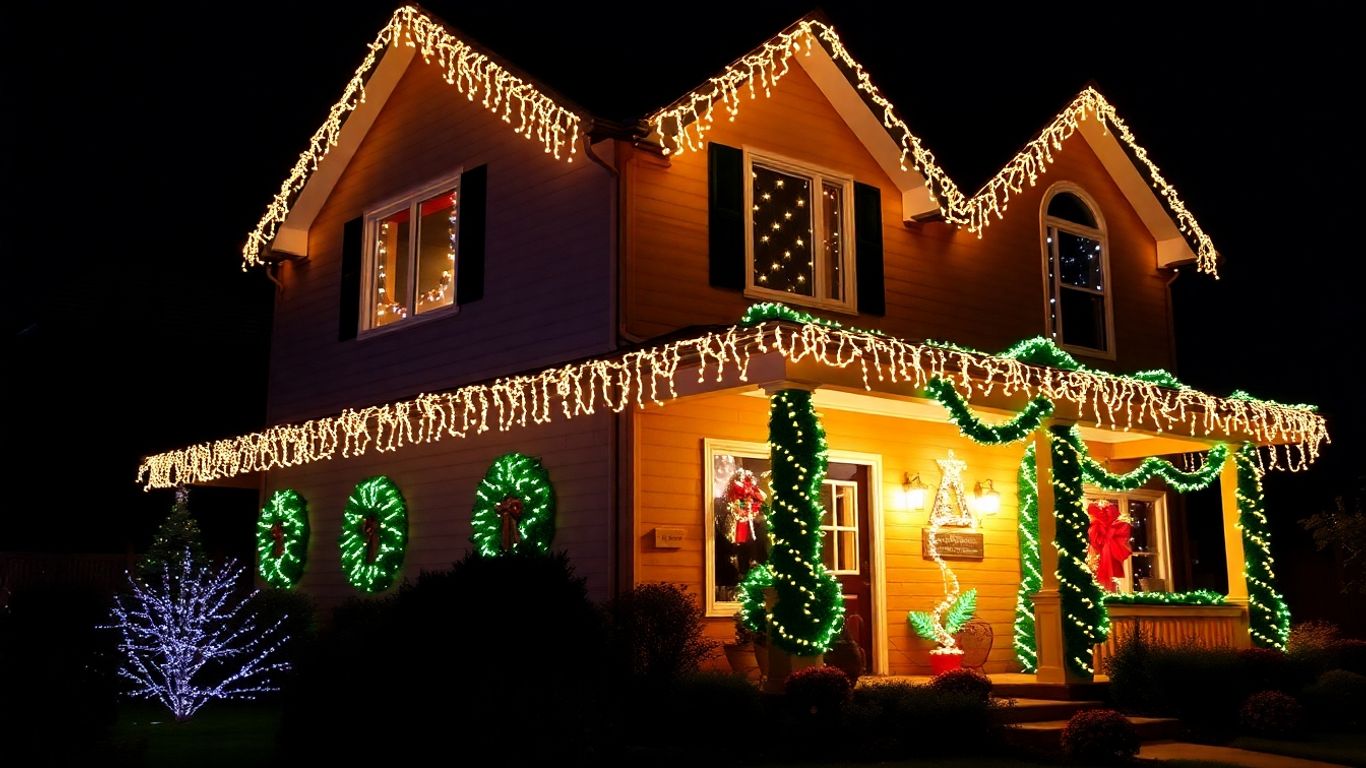 Professionally lit house exterior with Christmas lights.