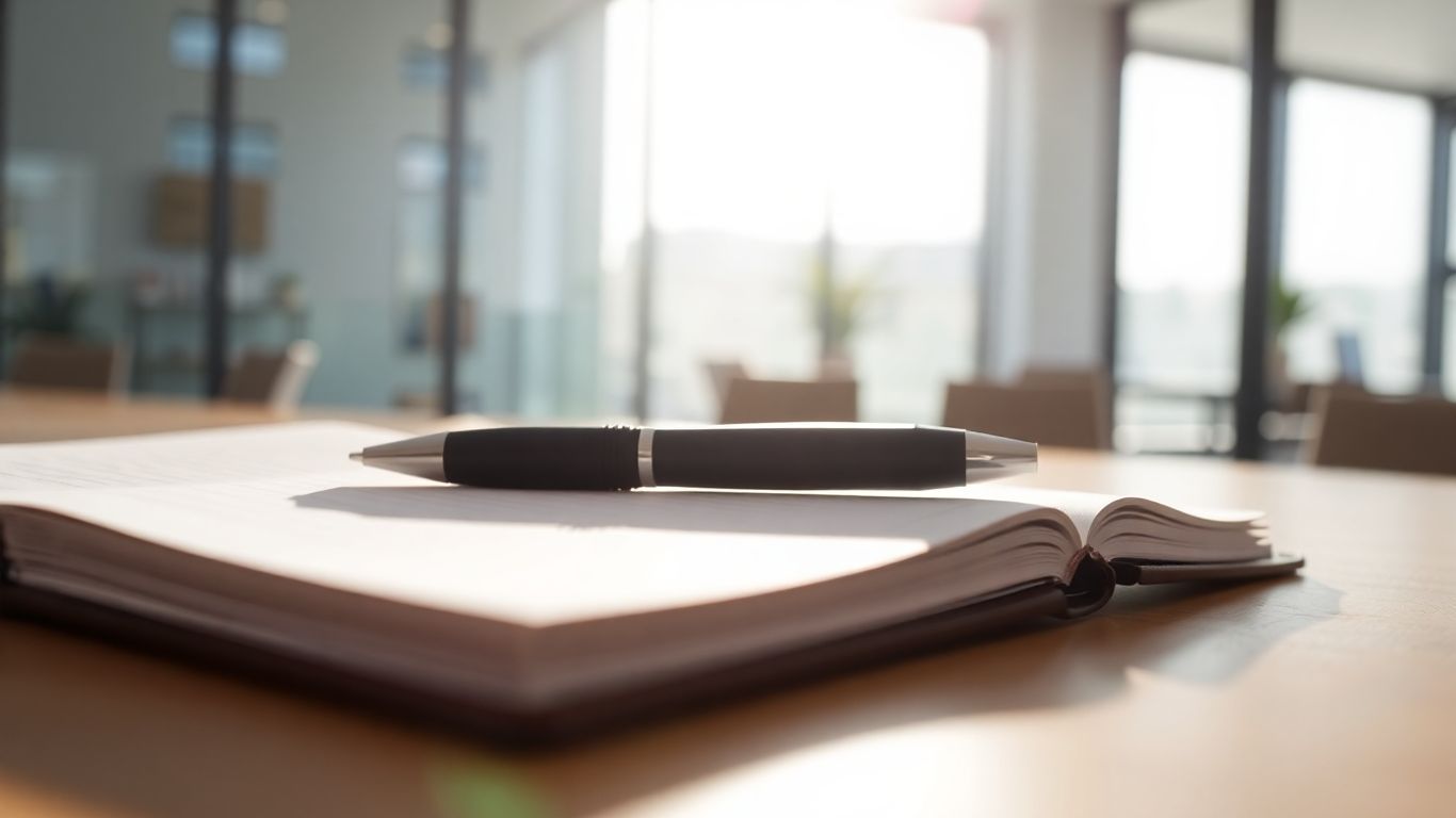 Open business plan journal with pen and sunlight.