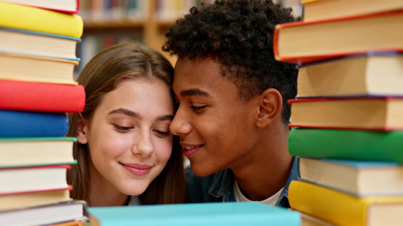 Young adults reading romance books, sharing tender moments.