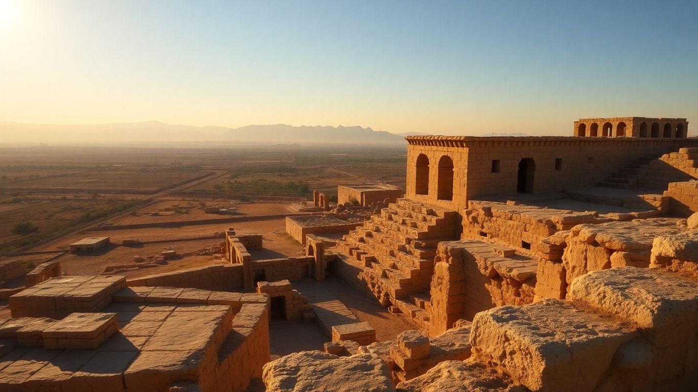 Ruínas antigas sob luz dourada.