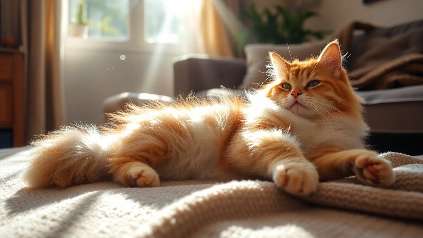 Cat relaxing on a soft blanket in a sunlit room.